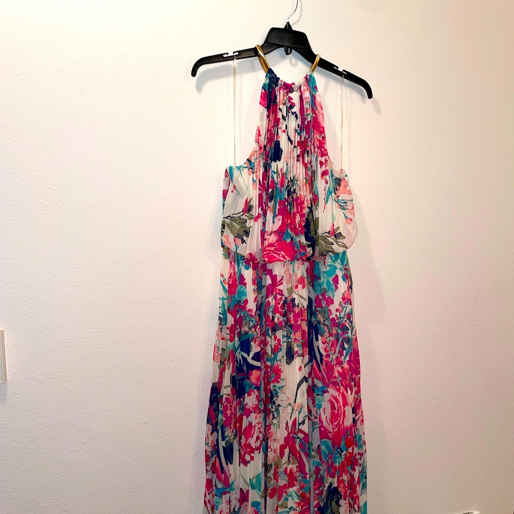 MSK gold pleated floral long dress